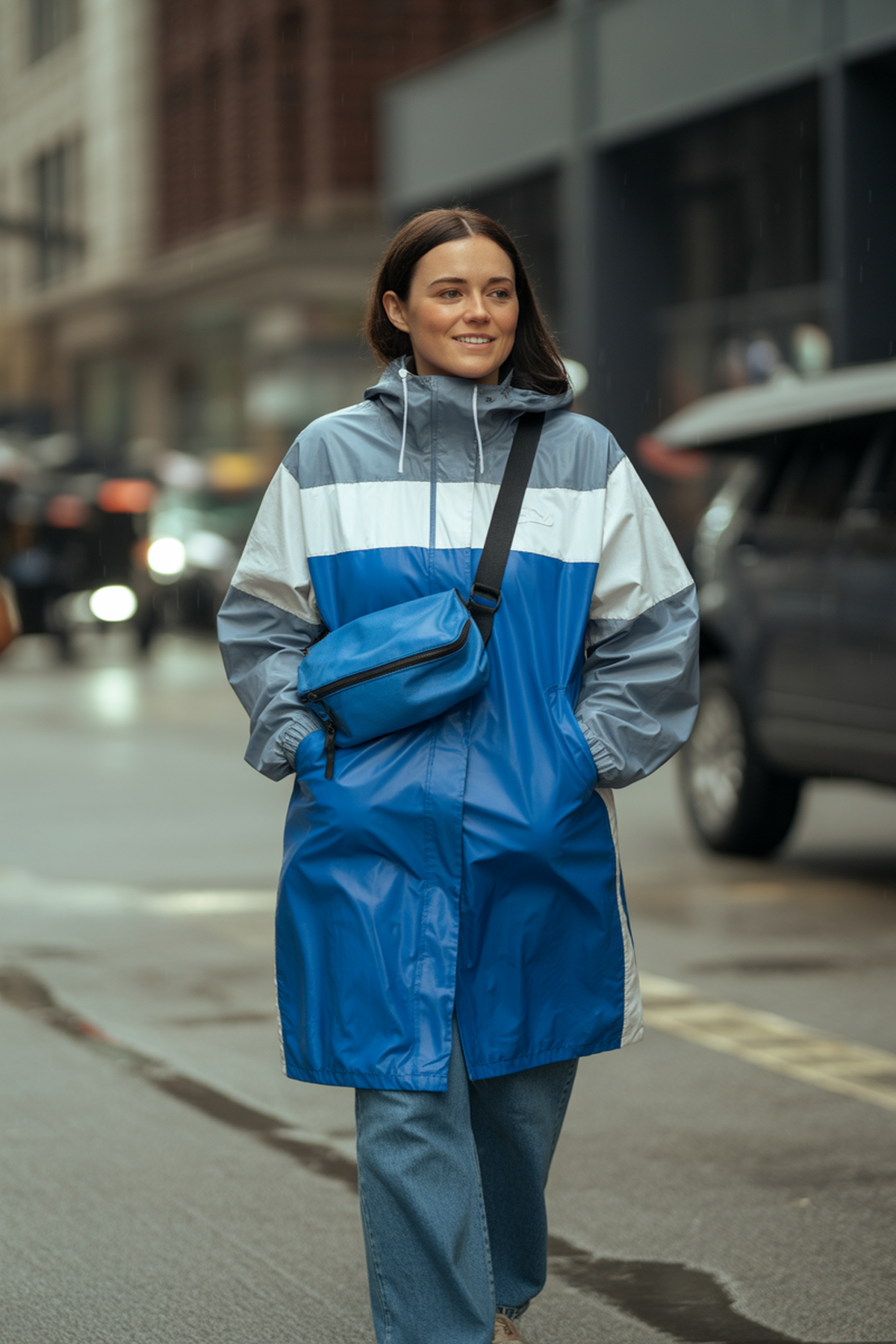 Imperméable color-block avec sac bandoulière assorti