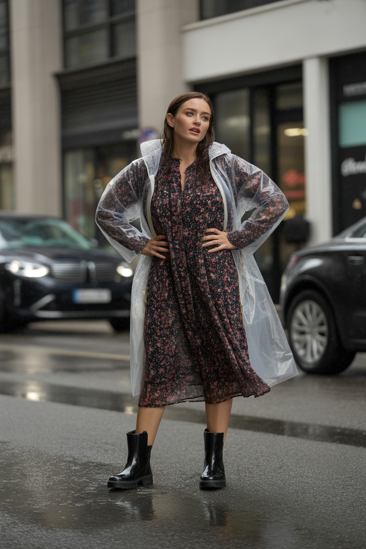 Robe midi élégante avec imperméable transparent