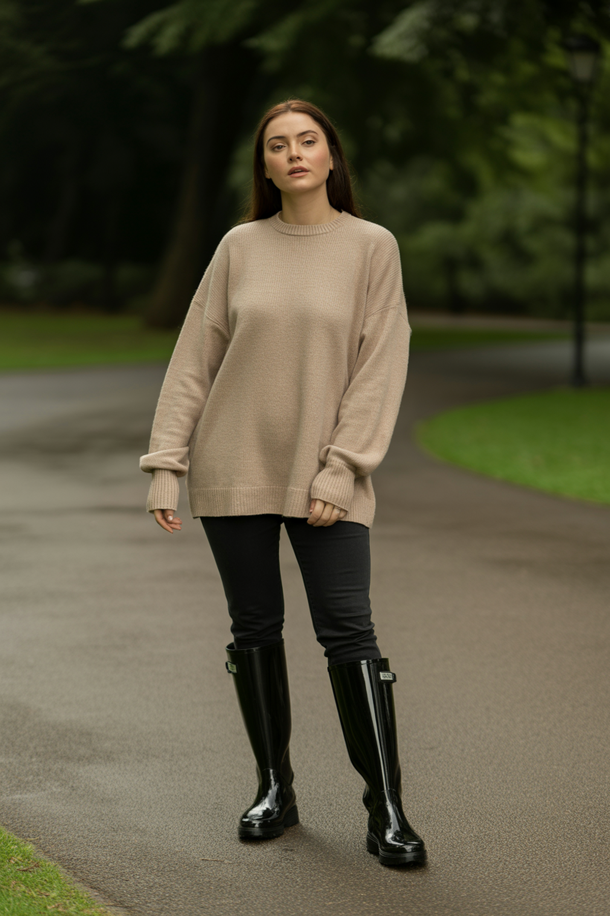 Look superposé avec pull oversize et bottes de pluie