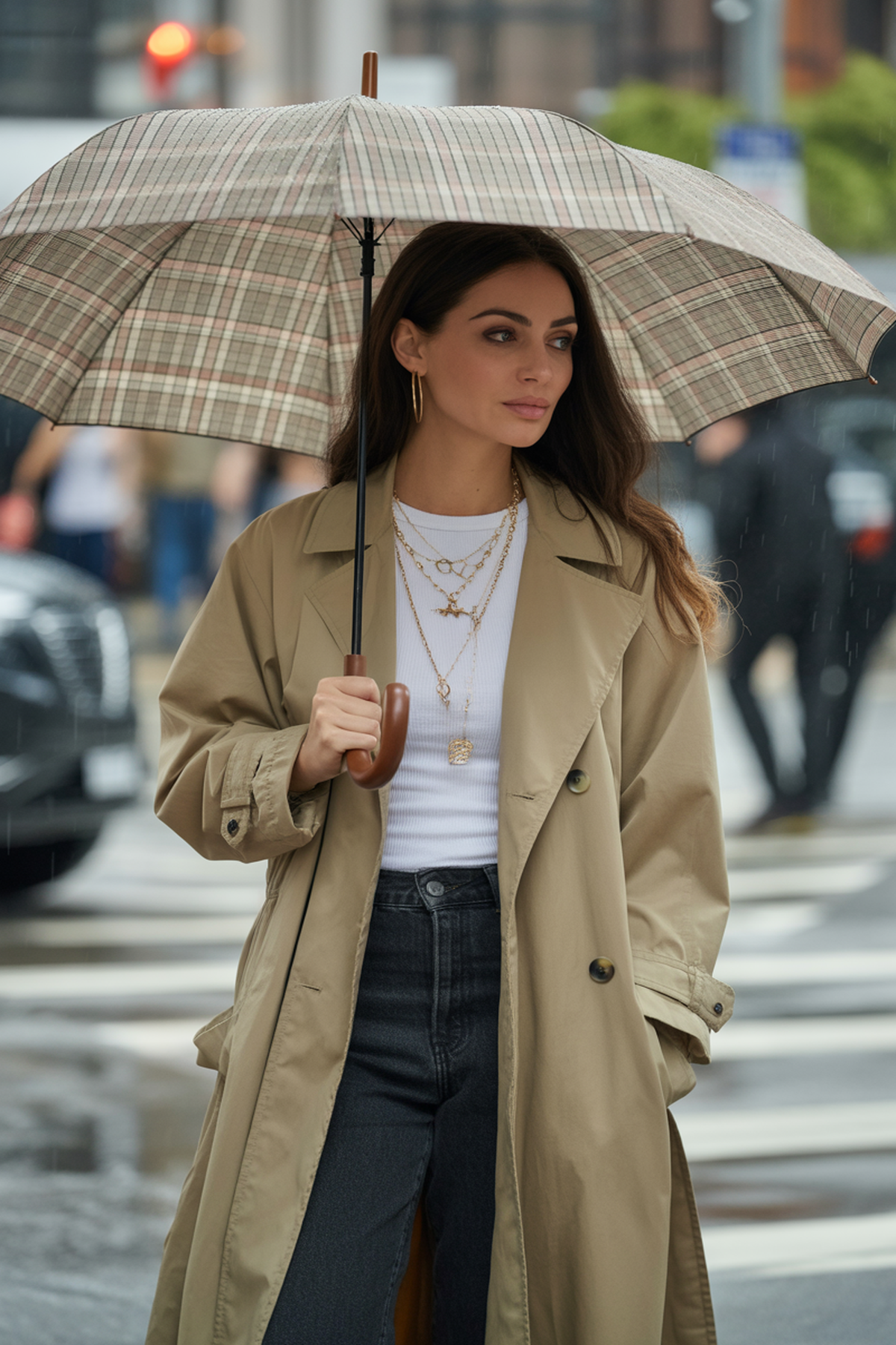 Parapluie à carreaux avec tons neutres et bijoux superposés