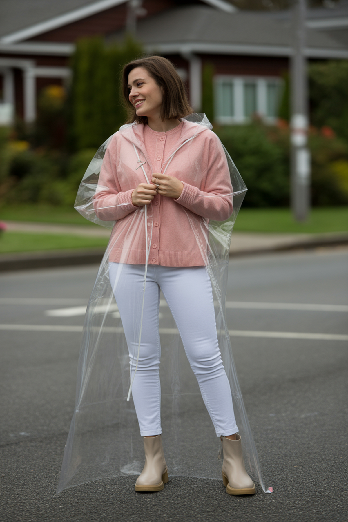 Cardigan pastel doux sous un poncho de pluie transparent