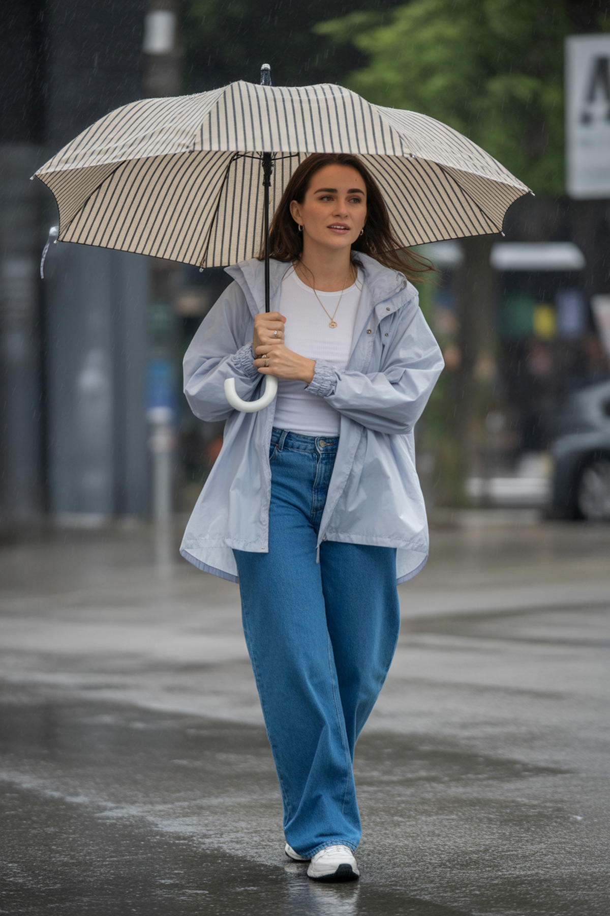 Parapluie rayé et combo jean bleu classique