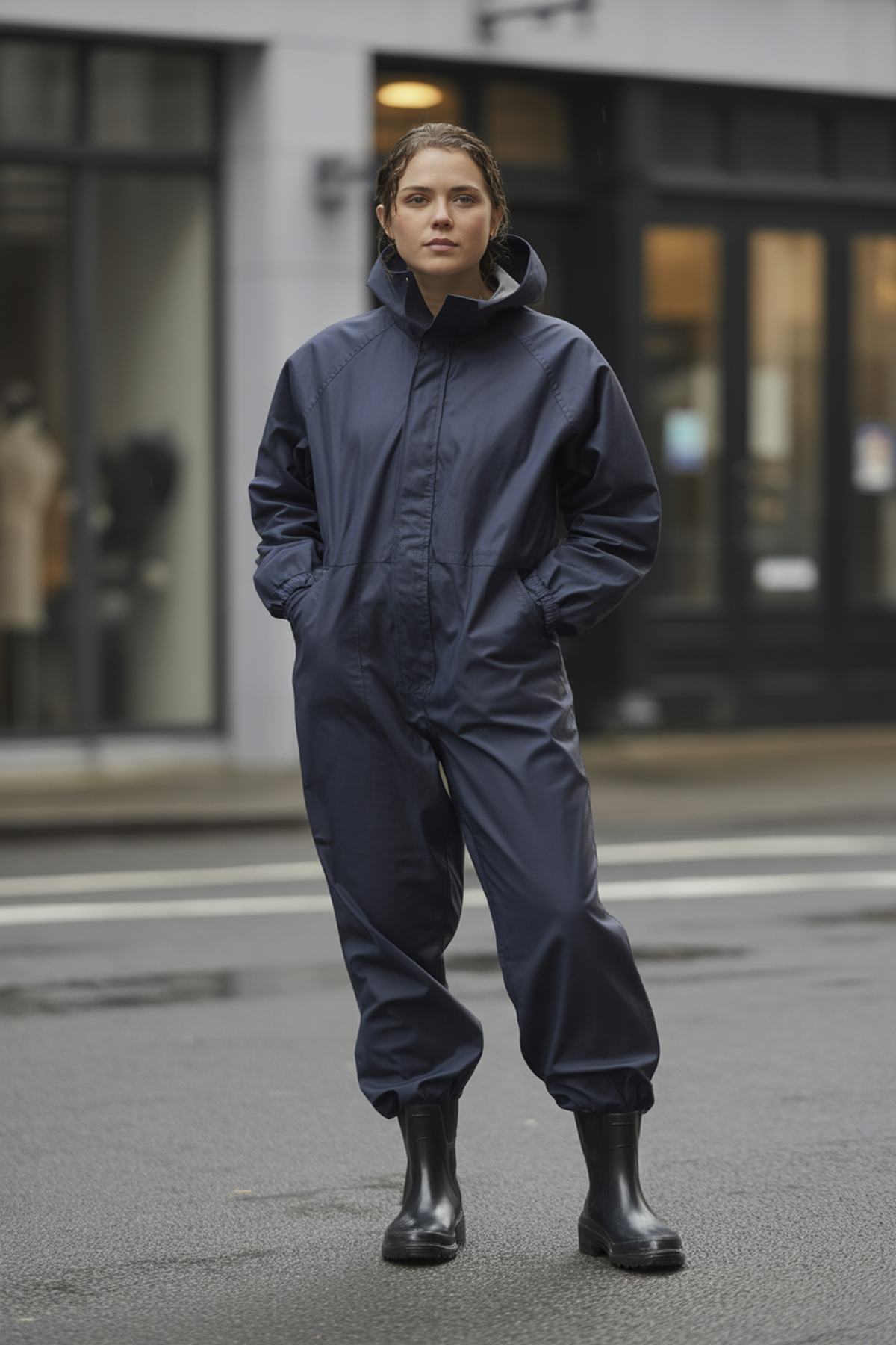 Combinaison imperméable associée à des bottines Chelsea en caoutchouc