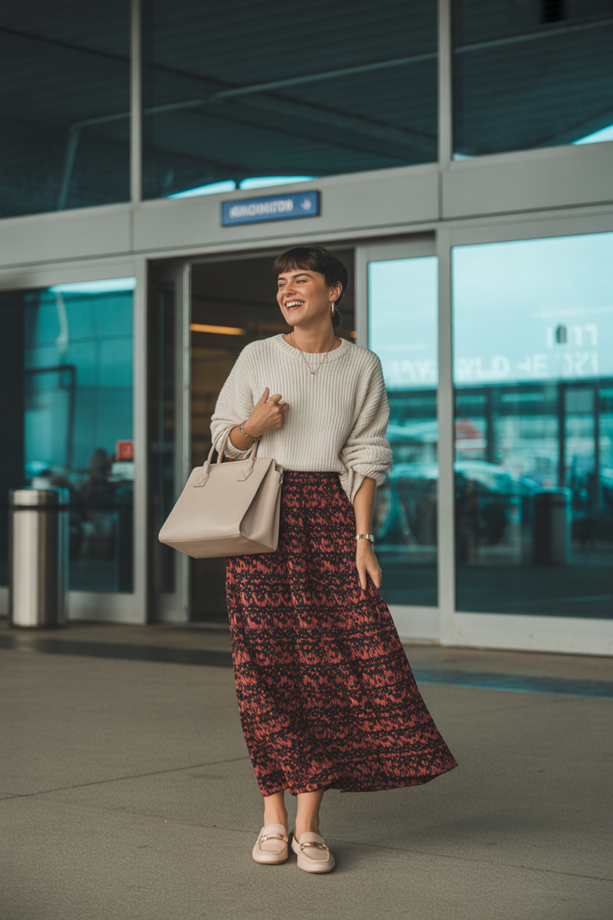 Imprimés audacieux et confort dans une jupe maxi et un pull en maille