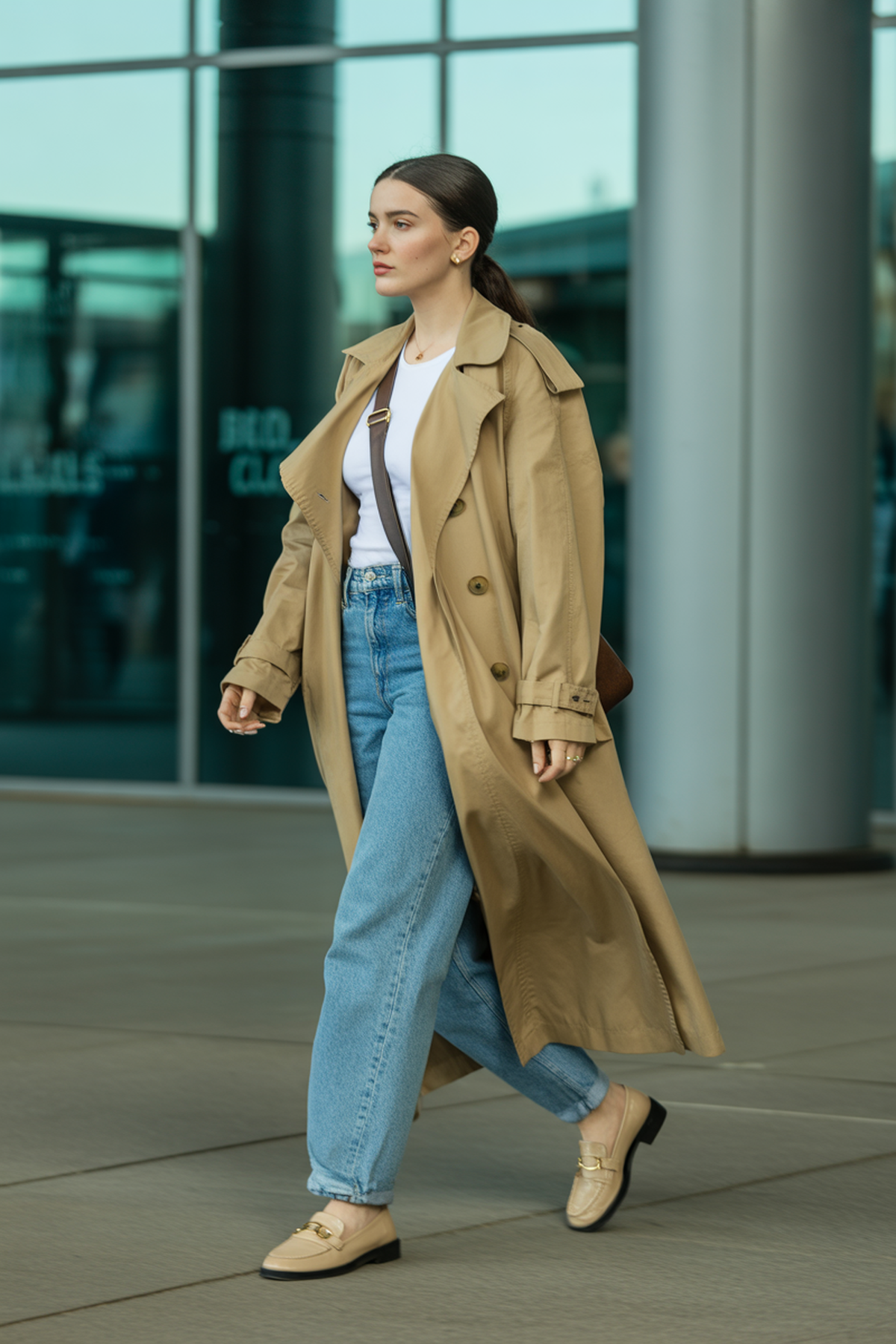 Trench-coat classique sur denim décontracté et tee-shirt