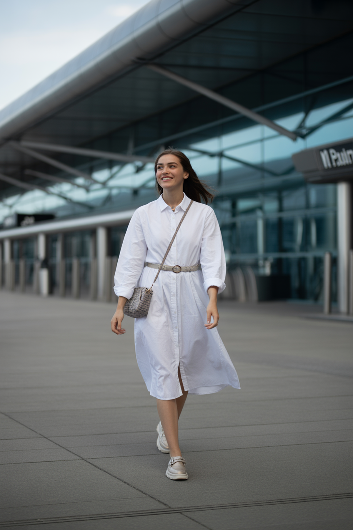 Robe chemise blanche classique avec ceinture et chaussures à enfiler