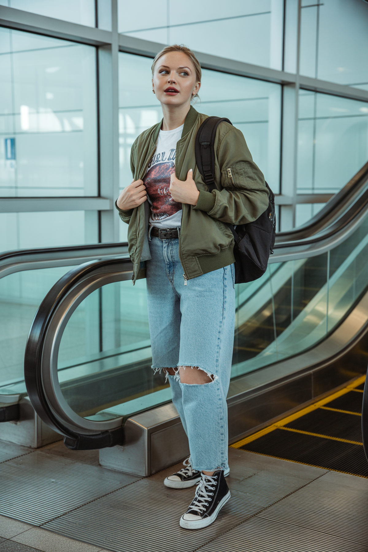 Blouson aviateur audacieux avec tee-shirt graphique et jean déchiré