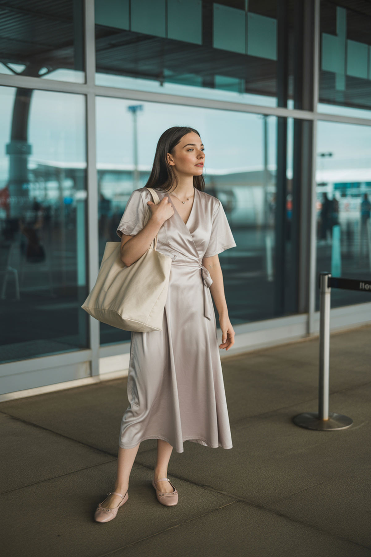 Robe portefeuille élégante avec ballerines et cabas