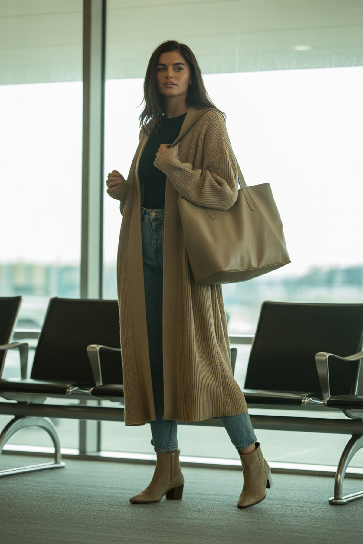 Neutres superposés avec cardigan long et jean skinny