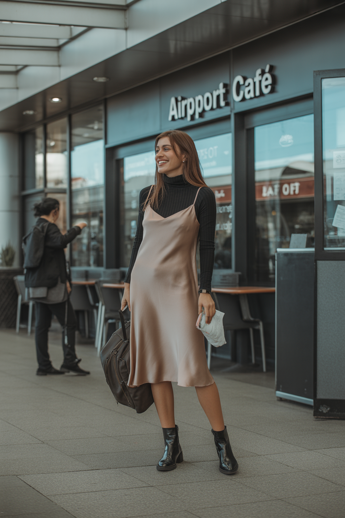 Col roulé superposé sous une robe nuisette avec bottines