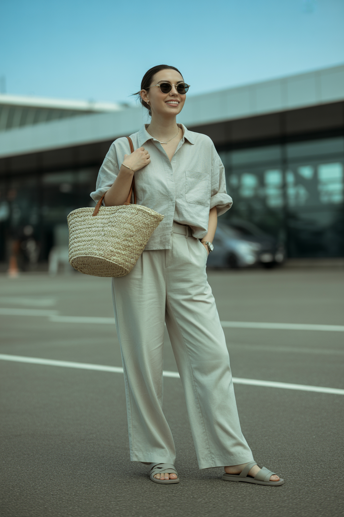 Chemise en lin douce avec pantalon large et sandales