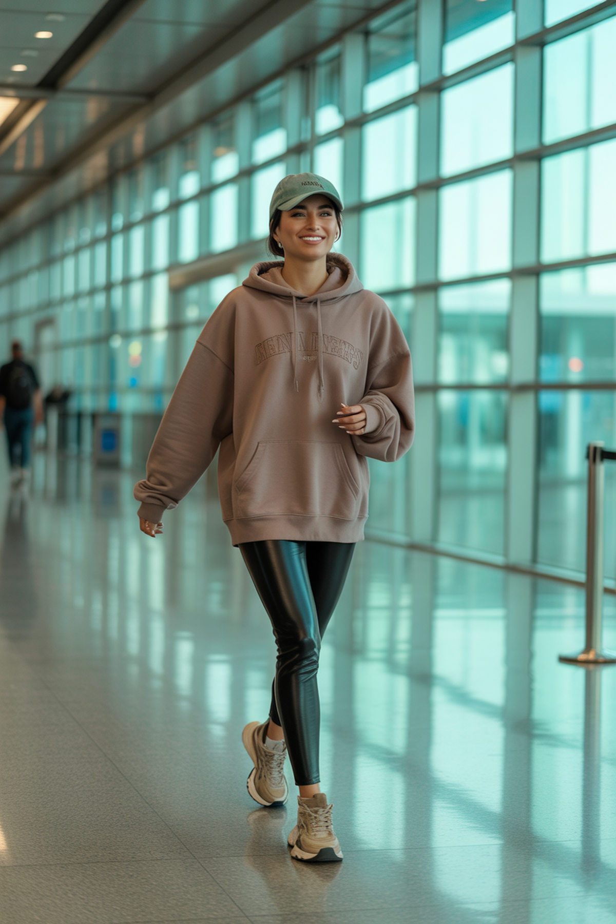 Glamour sportif avec leggings en cuir et sweat à capuche oversize