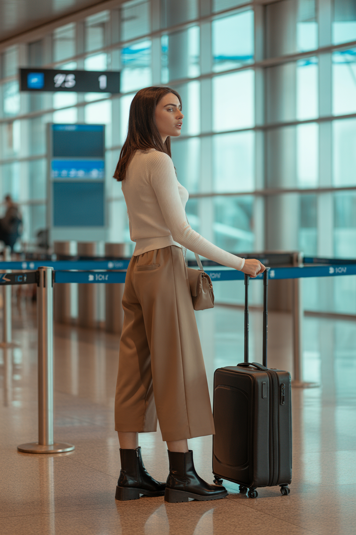 Culottes tailleur avec pull ajusté et bottines