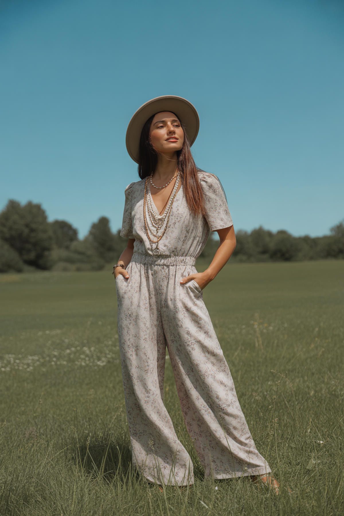 Mono floral boho-chic con sombrero de ala ancha