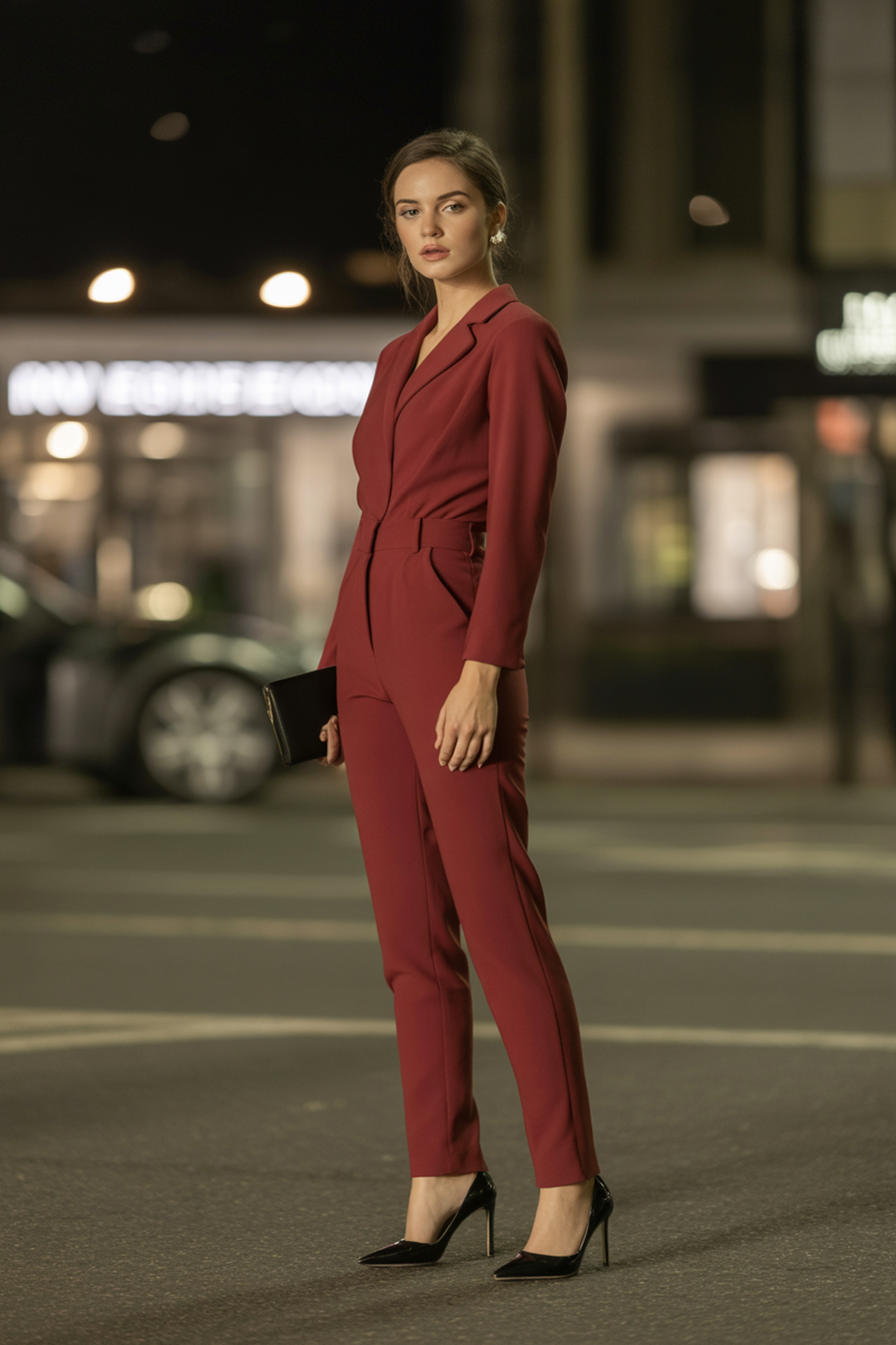 Mono rojo audaz con tacones de aguja negros