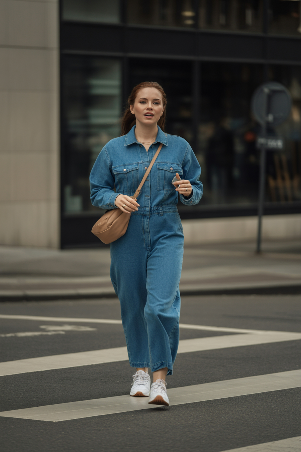 Mono casual de mezclilla combinado con zapatillas blancas