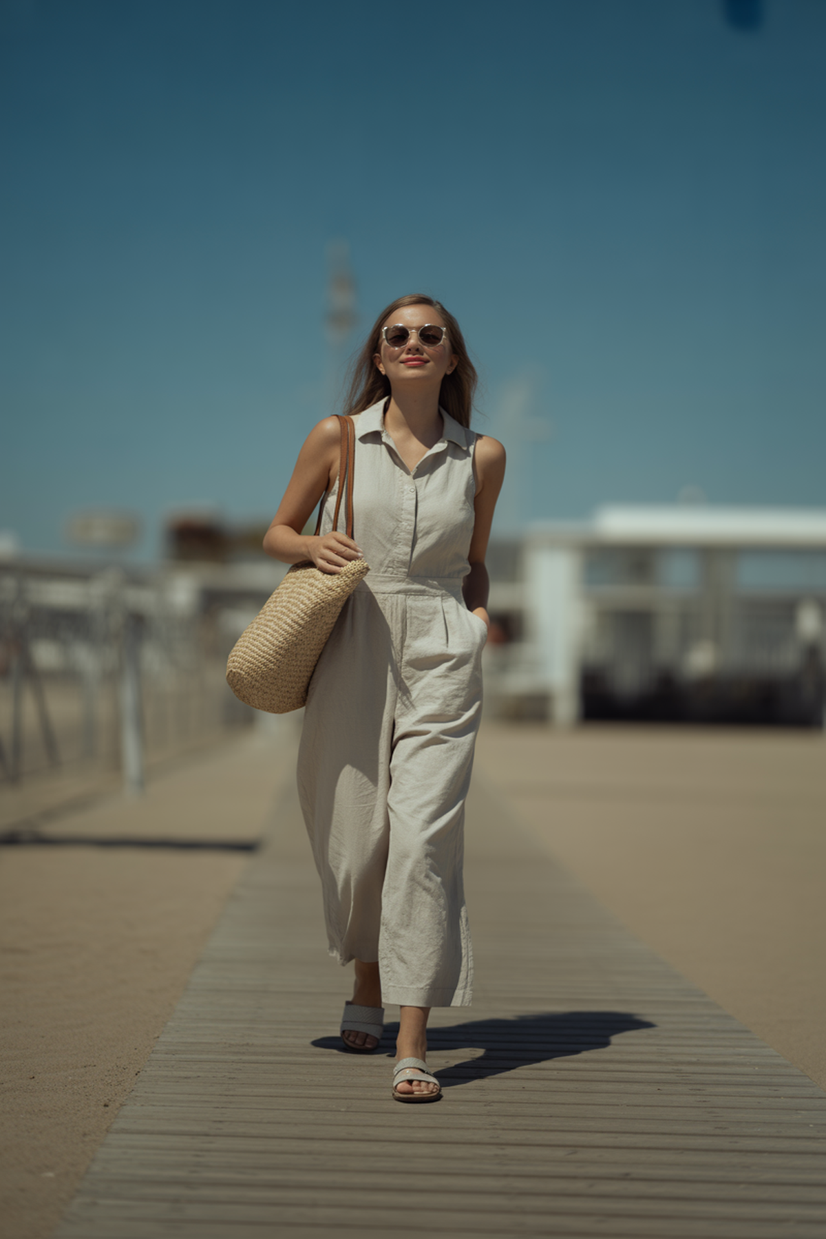 Mono casual de lino con bolso de paja y sandalias