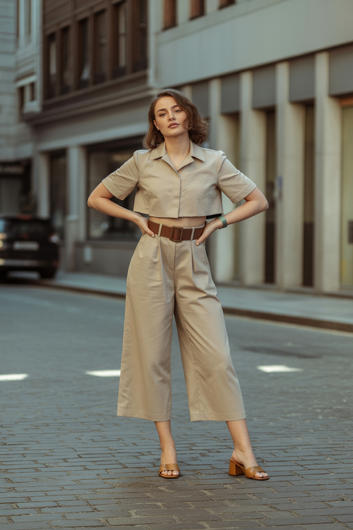 Mono cropped con cinturón llamativo y tacones de bloque