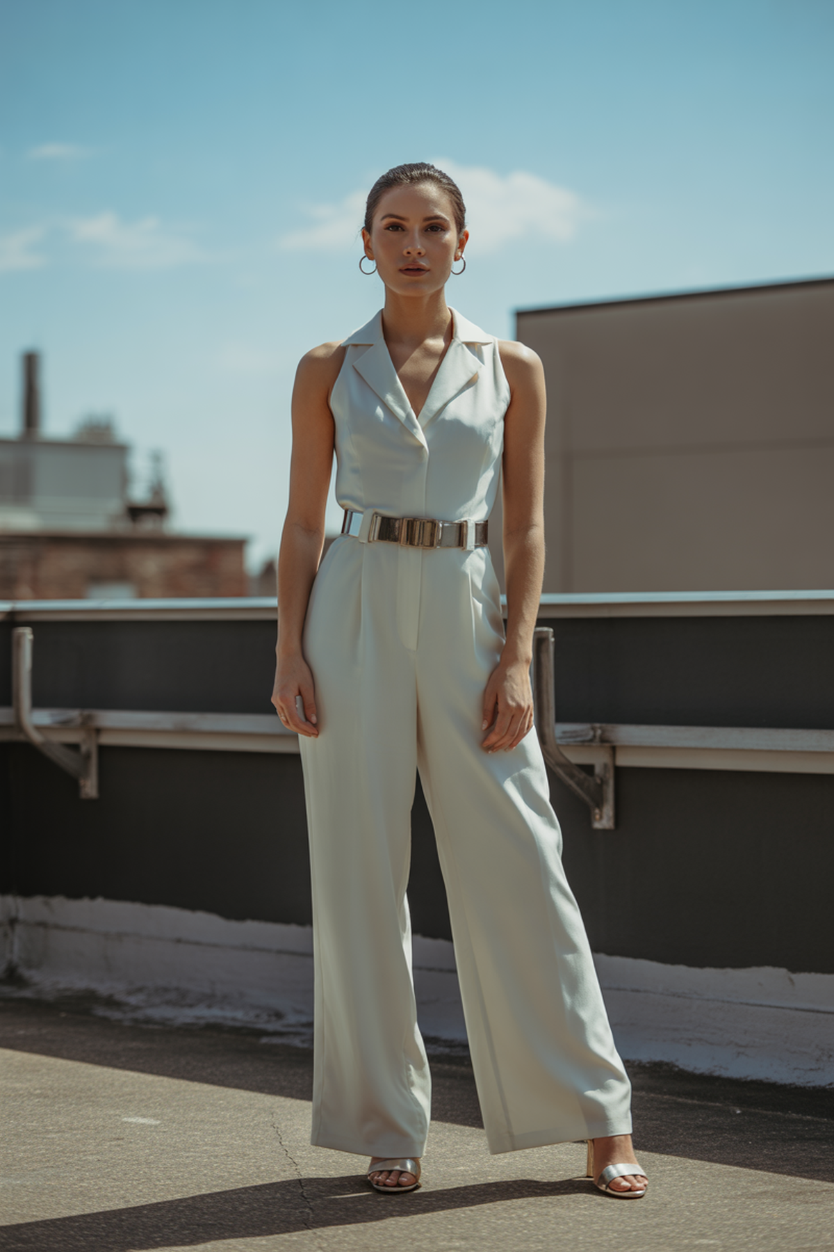 Mono blanco monocromático con cinturón metálico