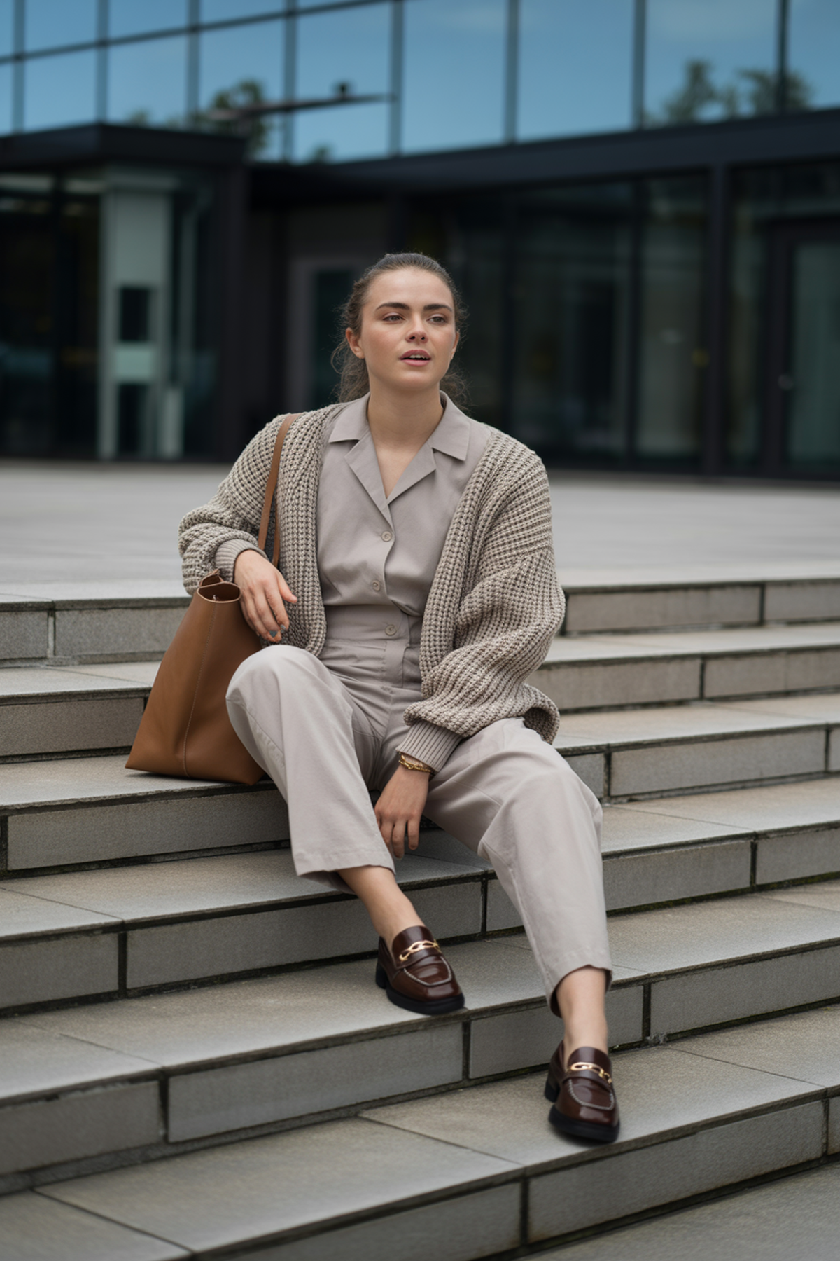 Mono de corte relajado con cárdigan de punto y mocasines