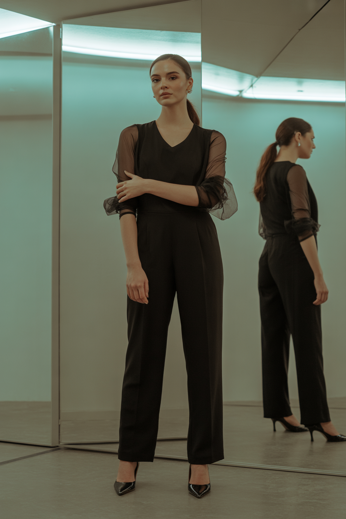 Mono con mangas transparentes y coleta pulida