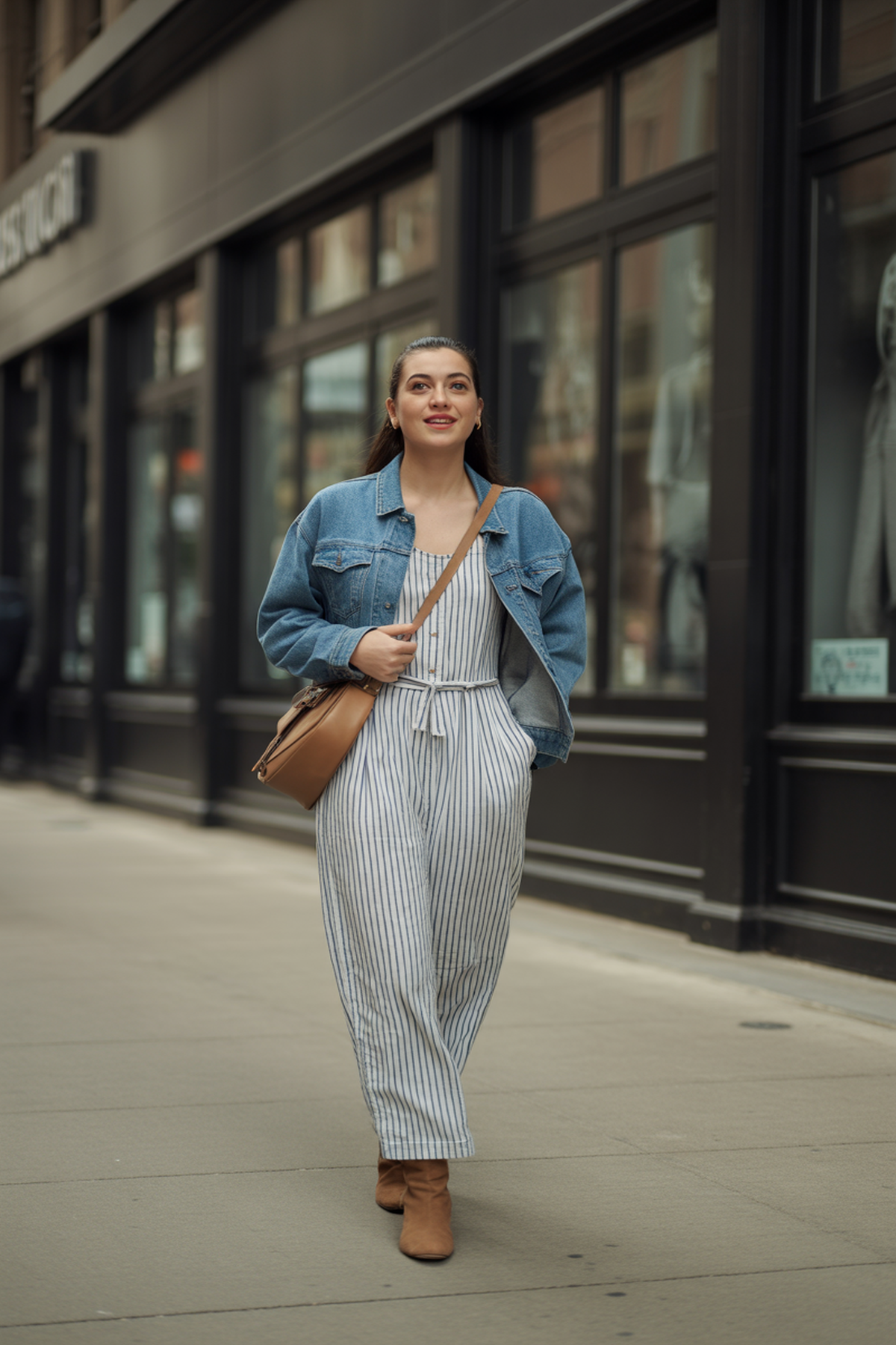 Mono a rayas con chaqueta de mezclilla y botines