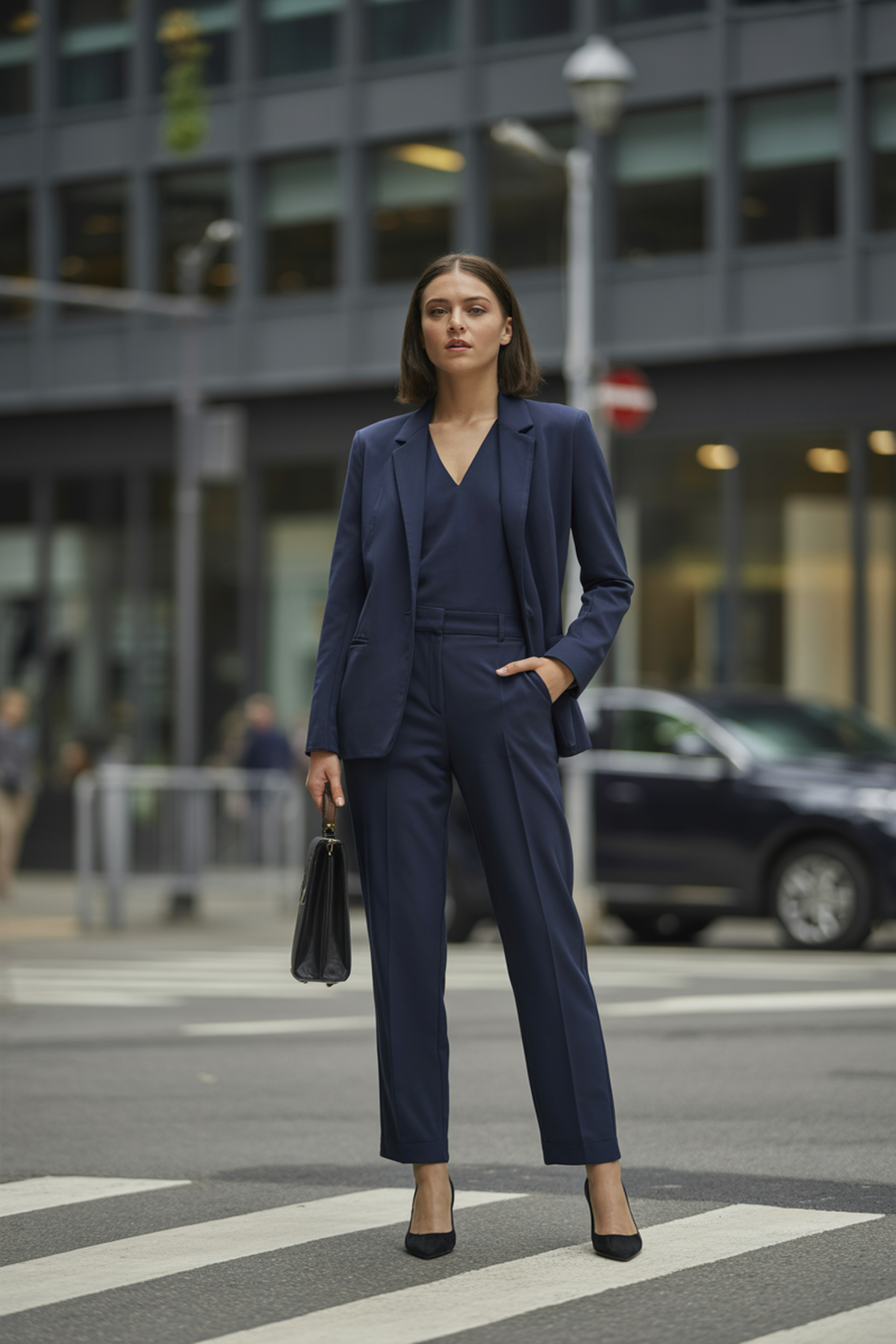 Mono entallado combinado con blazer y zapatos de salón