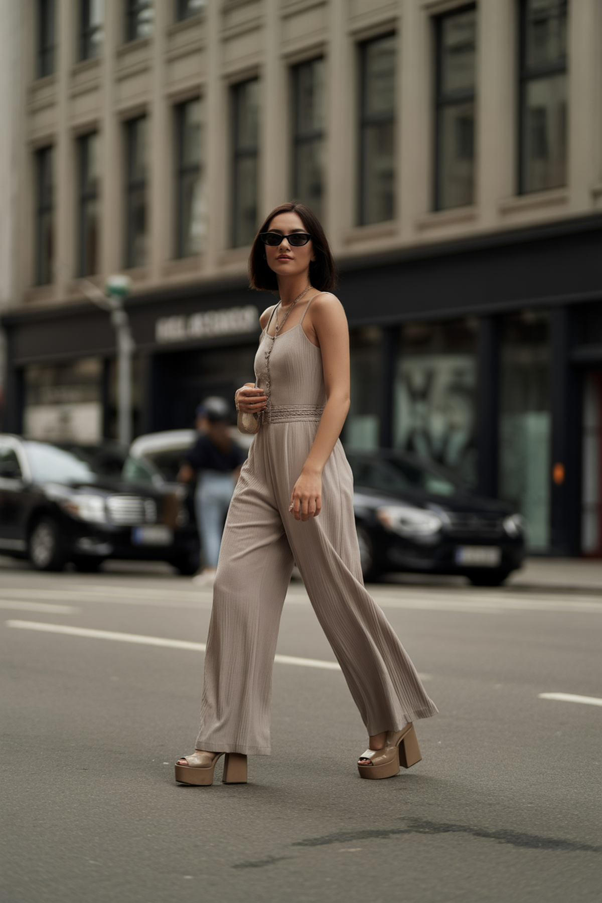 Mono de pierna ancha con tacones plataforma y gafas de sol