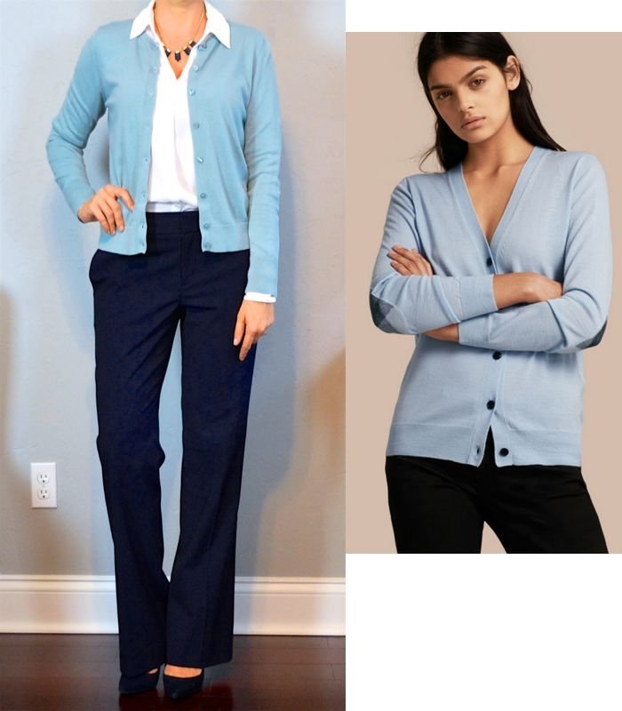 Tenue postée : cardigan bleu, chemise blanche boutonnée, pantalon bleu marine (Outfit Posts) - Tenue cardigan bleu marine