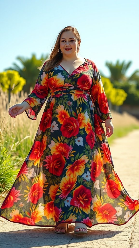 Une femme de grande taille portant une robe longue trapèze à fleurs vibrantes, marchant dans un cadre extérieur ensoleillé.