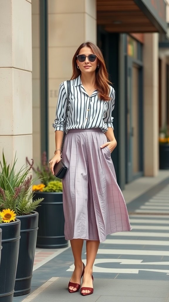 Une femme portant un chemisier rayé et une jupe trapèze pastel, marchant dans un cadre urbain élégant.
