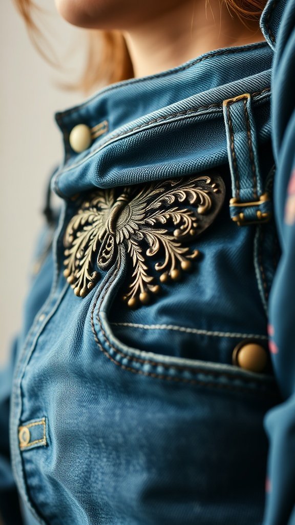 Gros plan d'une veste en jean vintage avec des éléments décoratifs.