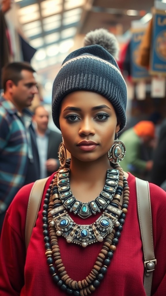 Une personne élégante portant un bonnet et des bijoux audacieux superposés