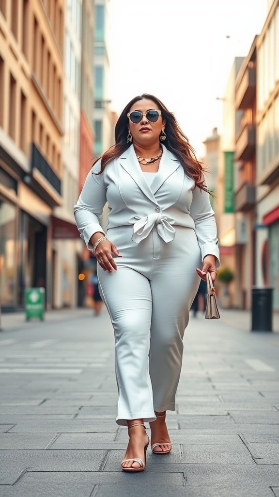 Une femme confiante marchant dans une tenue élégante entièrement blanche avec des accessoires tendance, présentant un look printanier chic.