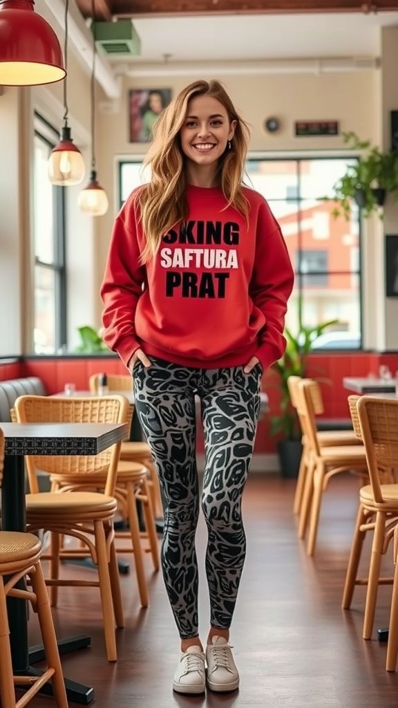 Femme portant des leggings à imprimé animal et un sweat-shirt graphique rouge, souriant dans un café chaleureux.