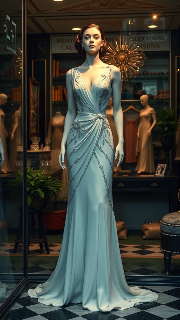 Un mannequin présentant une superbe robe d'inspiration Art Déco avec des détails élégants et un design fluide.