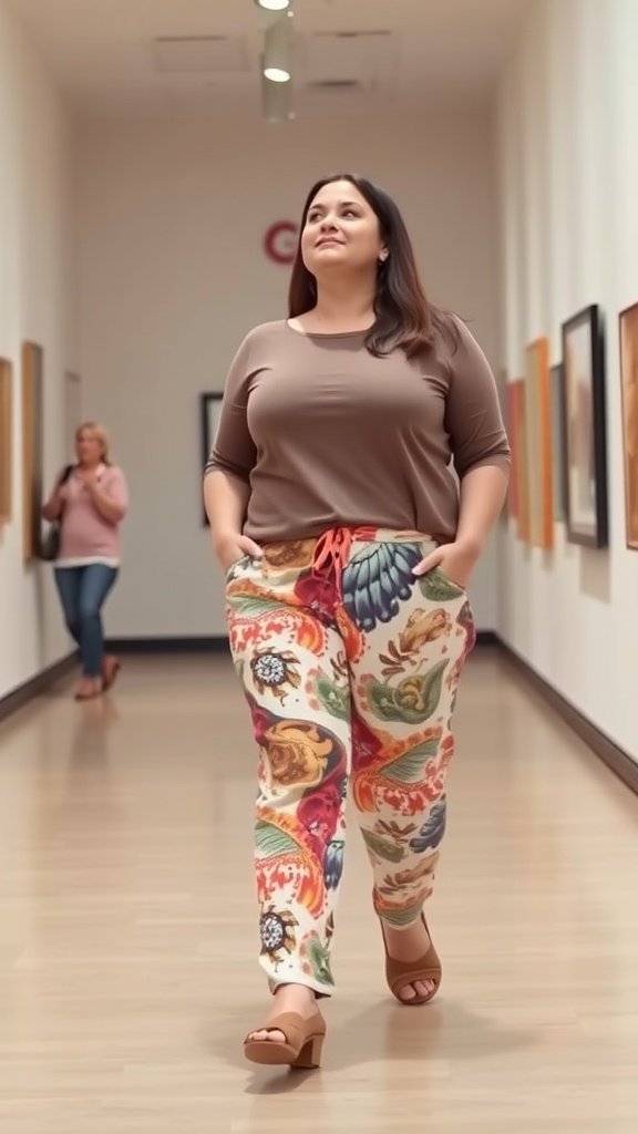 Une femme portant un haut marron uni et un pantalon imprimé coloré marche avec assurance dans une galerie d'art.