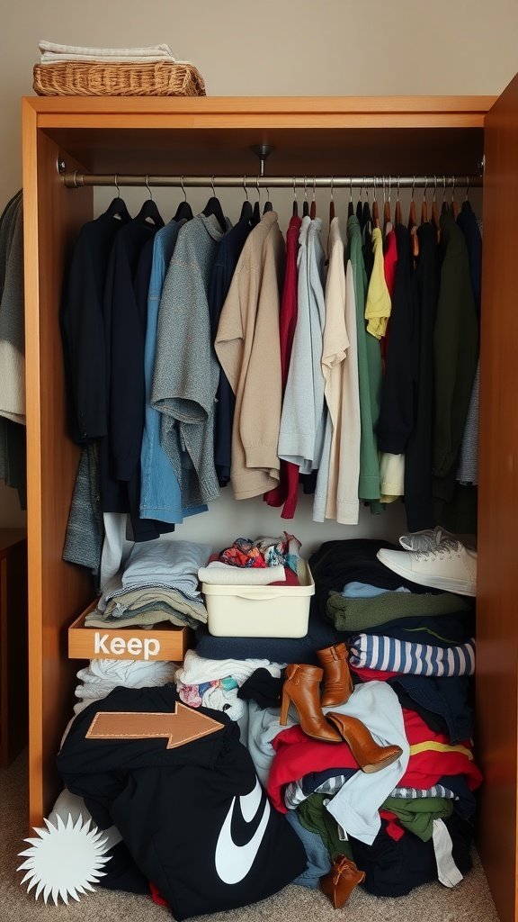 Un placard rempli de divers vêtements, montrant un mélange de vêtements soigneusement suspendus et de vêtements empilés, ainsi qu'une boîte étiquetée pour conserver les articles.