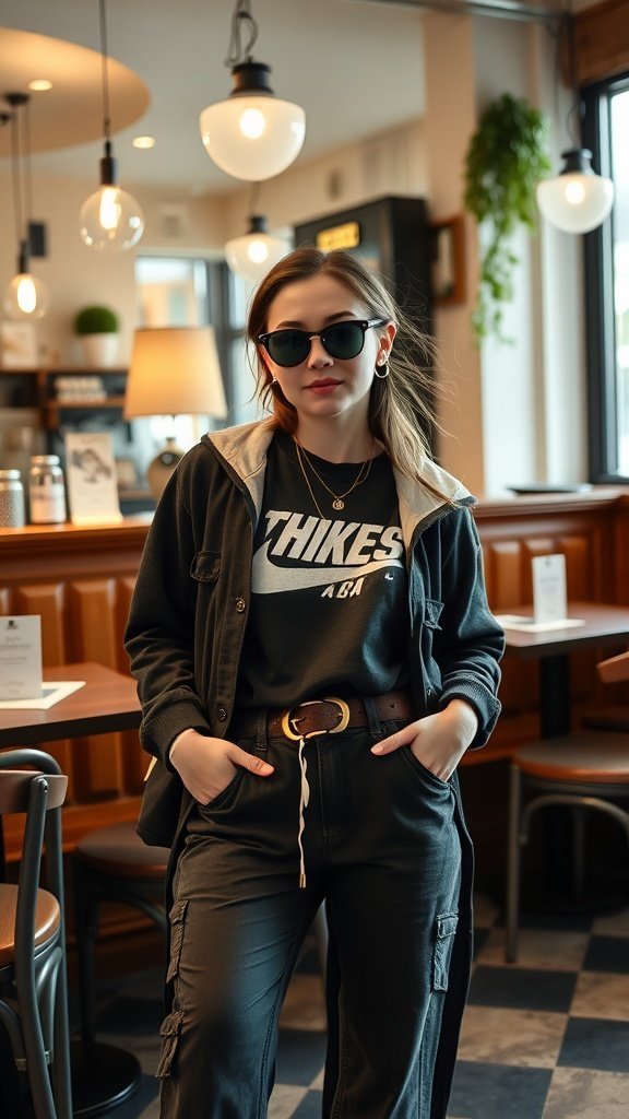 Une jeune femme portant un t-shirt graphique, une veste oversize et un pantalon cargo, accessoirisé de lunettes de soleil et de bijoux, à l'intérieur d'un café chaleureux.