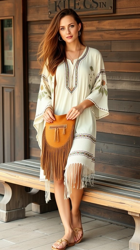 Une femme portant une tunique bohème chic et tenant un sac à franges.