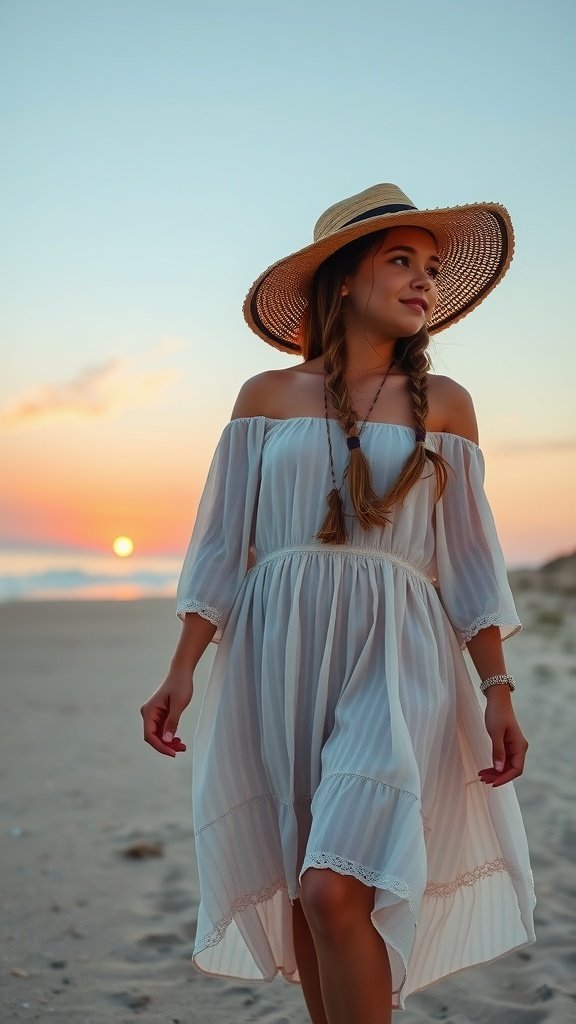 Adolescente portant une tunique blanche fluide et un chapeau de paille à large bord, marchant sur la plage au coucher du soleil.