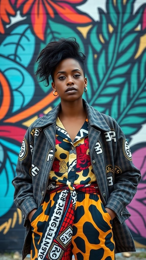 Un mannequin présentant des imprimés et des textures audacieux dans un style street style, portant une tenue à imprimés mixtes sur une fresque murale colorée.