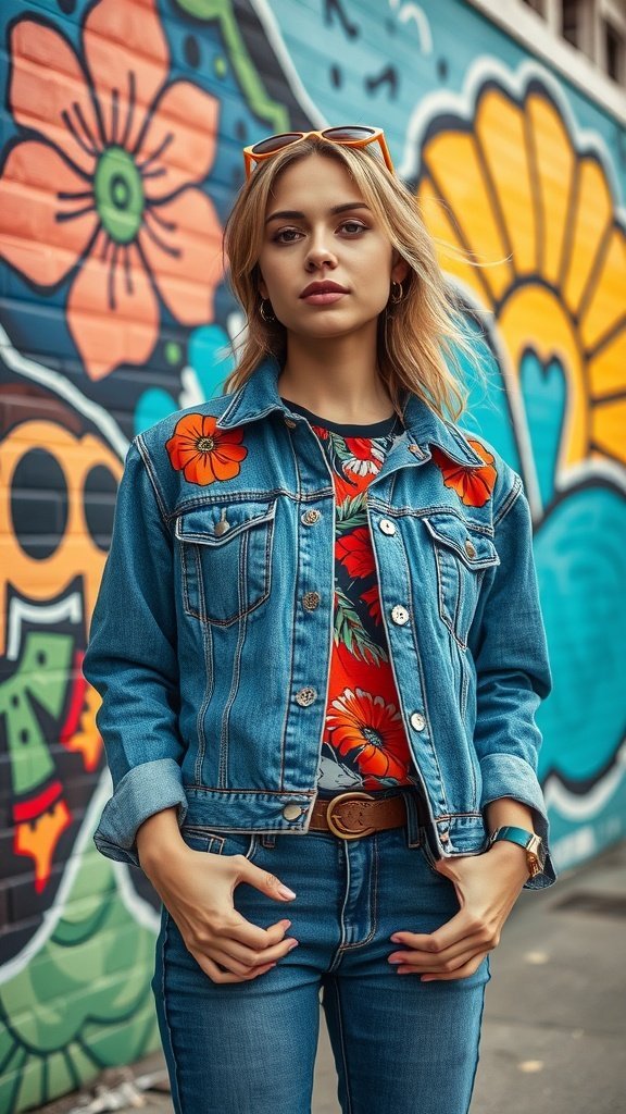 Une femme portant une veste en jean avec une broderie florale, debout devant une peinture murale colorée.