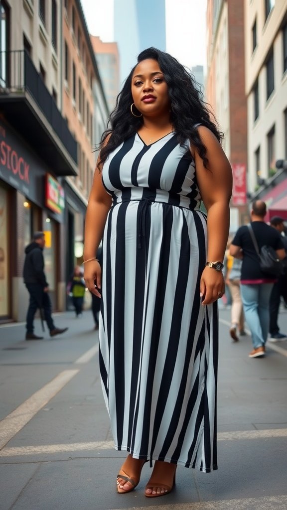 Une femme de grande taille portant une robe à rayures noires et blanches audacieuses, debout avec confiance dans une rue de la ville.