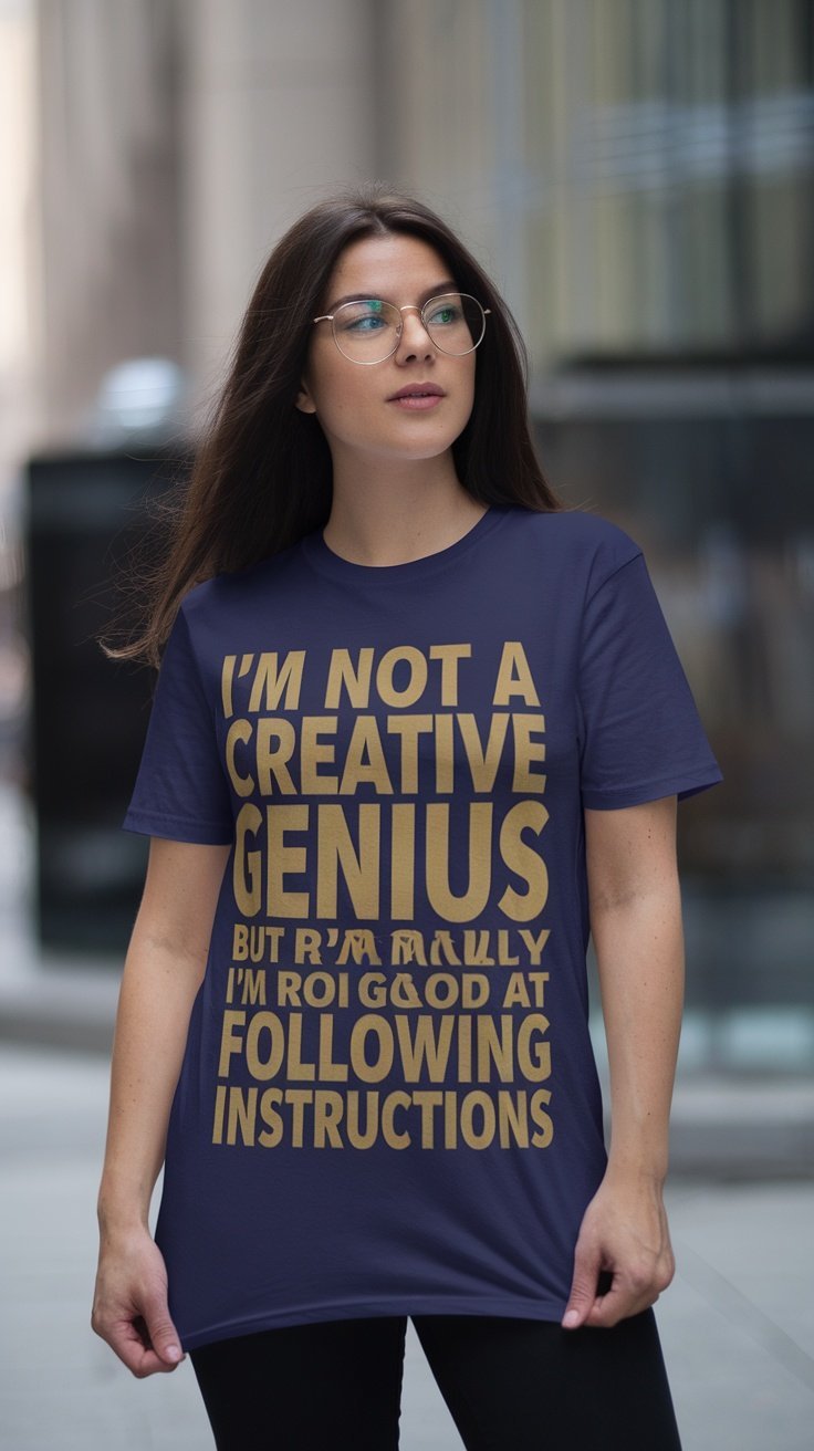 Une femme portant un t-shirt typographique audacieux avec le texte : « JE NE SUIS PAS UN GÉNIE CRÉATIF MAIS JE SUIS VRAIMENT DOUÉE POUR SUIVRE LES INSTRUCTIONS. »