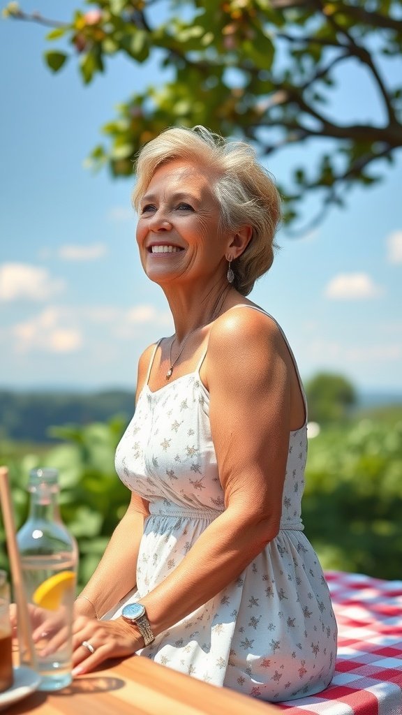 Une femme souriante en robe d'été assise à une table à l'extérieur avec de la verdure en arrière-plan.