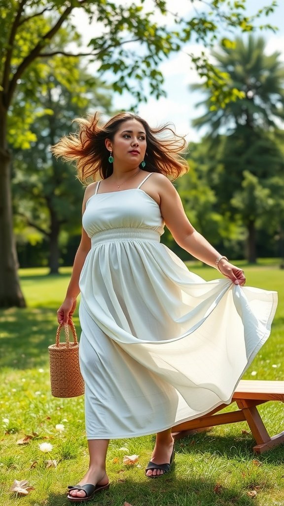 Une femme en robe d'été blanche marchant dans un parc, tenant un sac tissé.