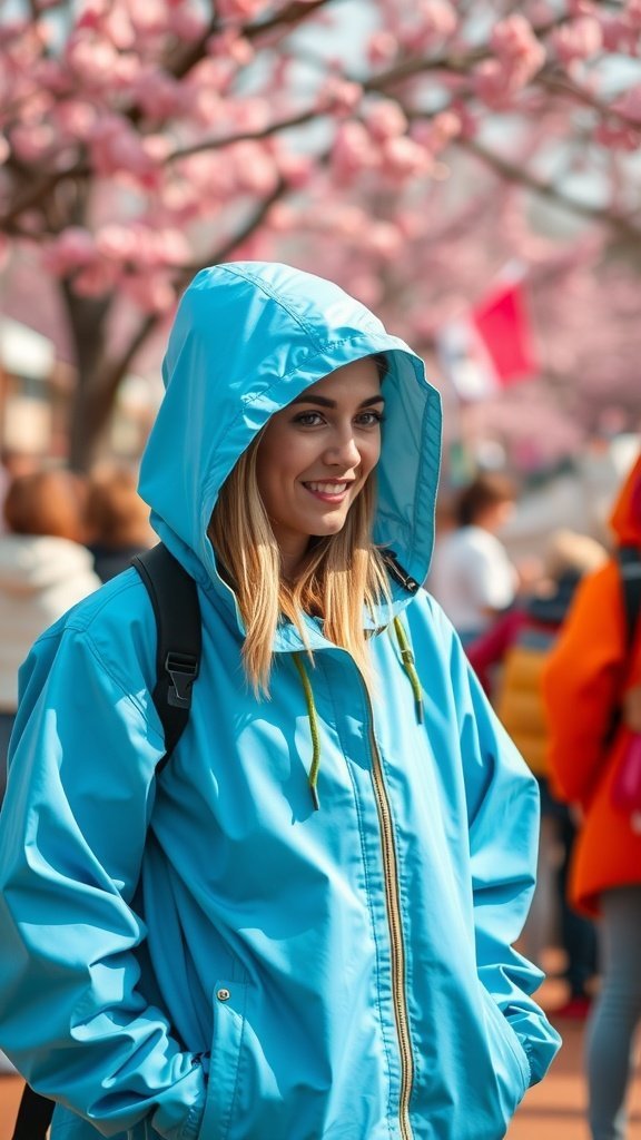 Une femme portant un coupe-vent bleu vif avec une capuche, souriant devant des arbres en fleurs roses.