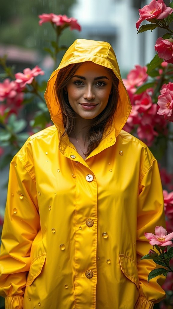 Une personne portant un imperméable jaune vif assise sur un banc entouré de fleurs