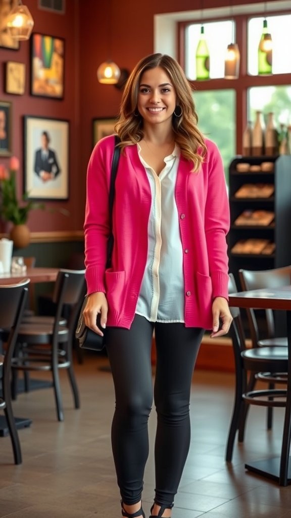 Une femme portant un cardigan rose vif et des leggings noirs habillés se tient debout et sourit dans un cadre de restauration décontracté.
